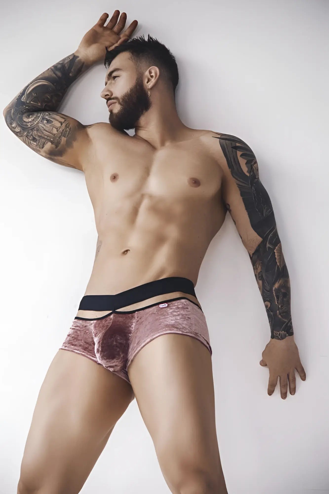 Pink velvet briefs with a black elastic waistband from pikante pik 1096 clandestine velvet trunks in pink