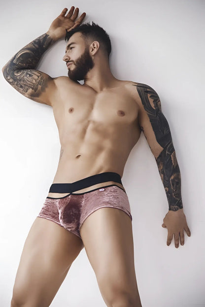 Pink velvet briefs with a black elastic waistband from pikante pik 1096 clandestine velvet trunks in pink
