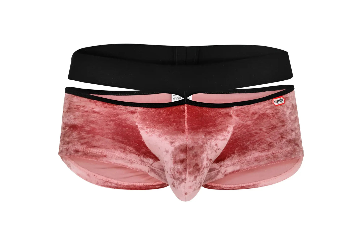 Pink velvet men’s briefs with a black elastic waistband and a red pikante brand tag from the clandestine velvet trunks line