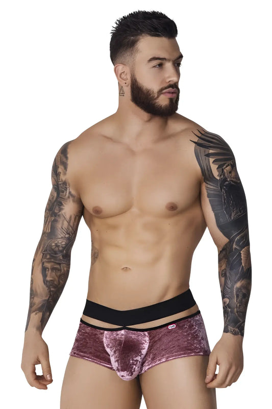 Purple velvet briefs with black elastic waistband and central cutout from Pikante PIK 1096 Clandestine Velvet trunks pink