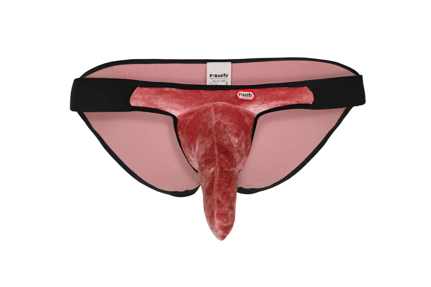 Pink velvet jockstrap with black elastic waistband and trim featuring branded label from Pikante PIK 1098 Clandestine Bikini