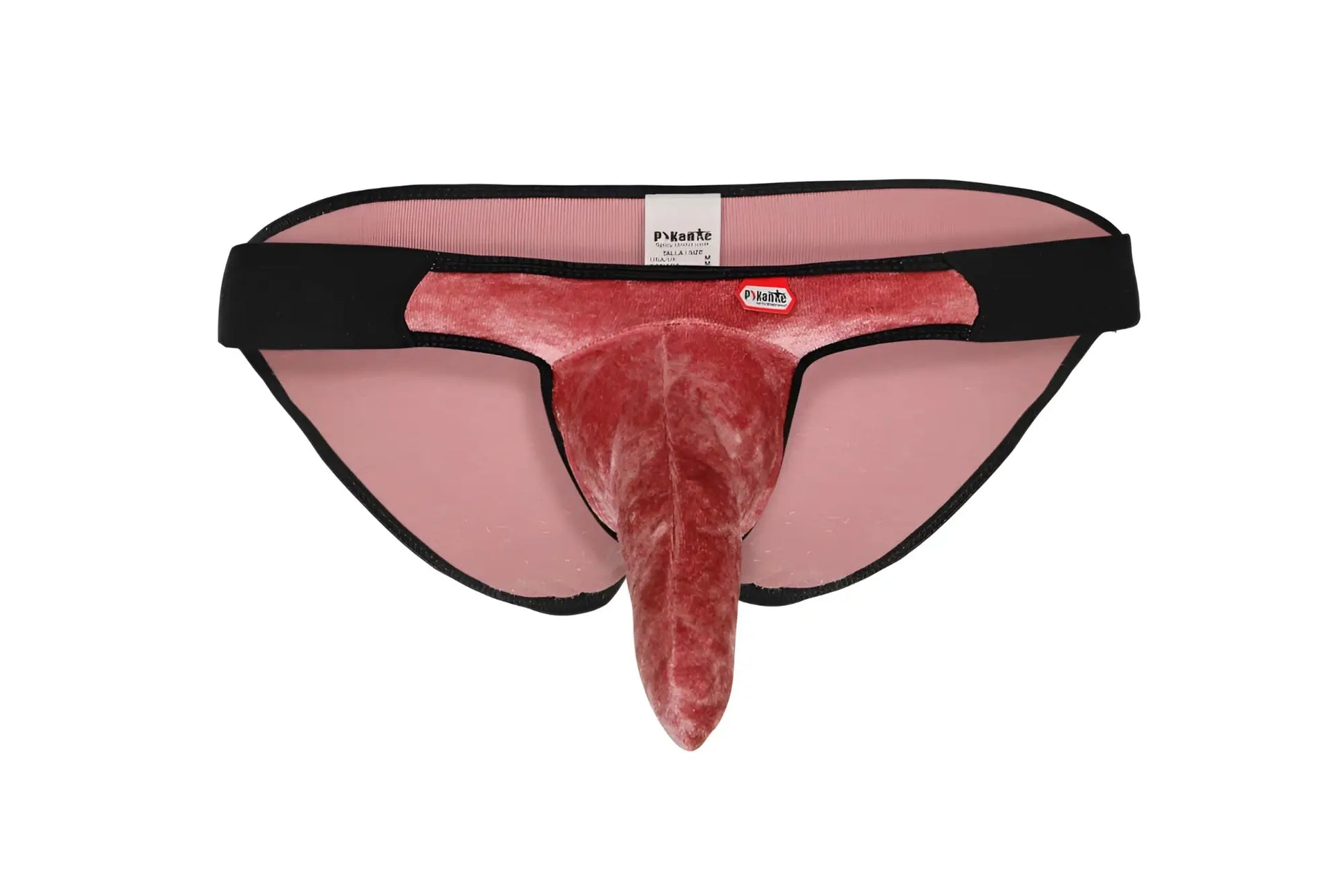 Pink velvet jockstrap with black elastic waistband and trim featuring branded label from Pikante PIK 1098 Clandestine Bikini