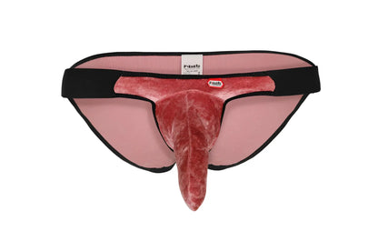 Pink velvet jockstrap with black elastic waistband and trim featuring branded label from Pikante PIK 1098 Clandestine Bikini