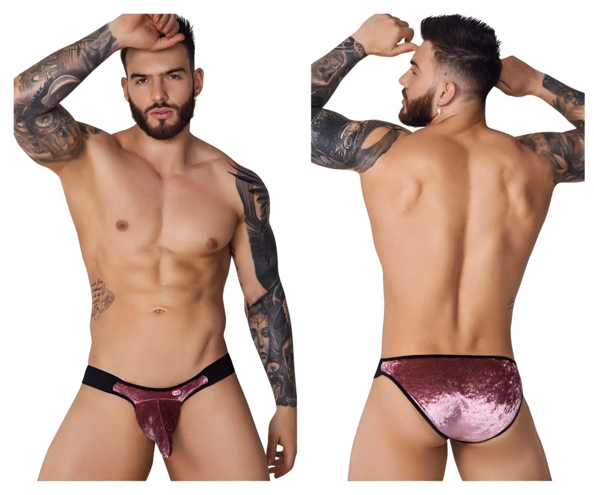 A shimmering rose gold velvet thong bikini with black trim from pikante pik 1098 clandestine velvet bikini pink collection