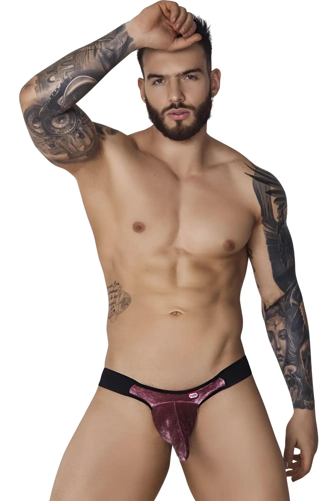A shiny deep purple velvet thong with black elastic waistband from pikante pik 1098 clandestine velvet bikini pink