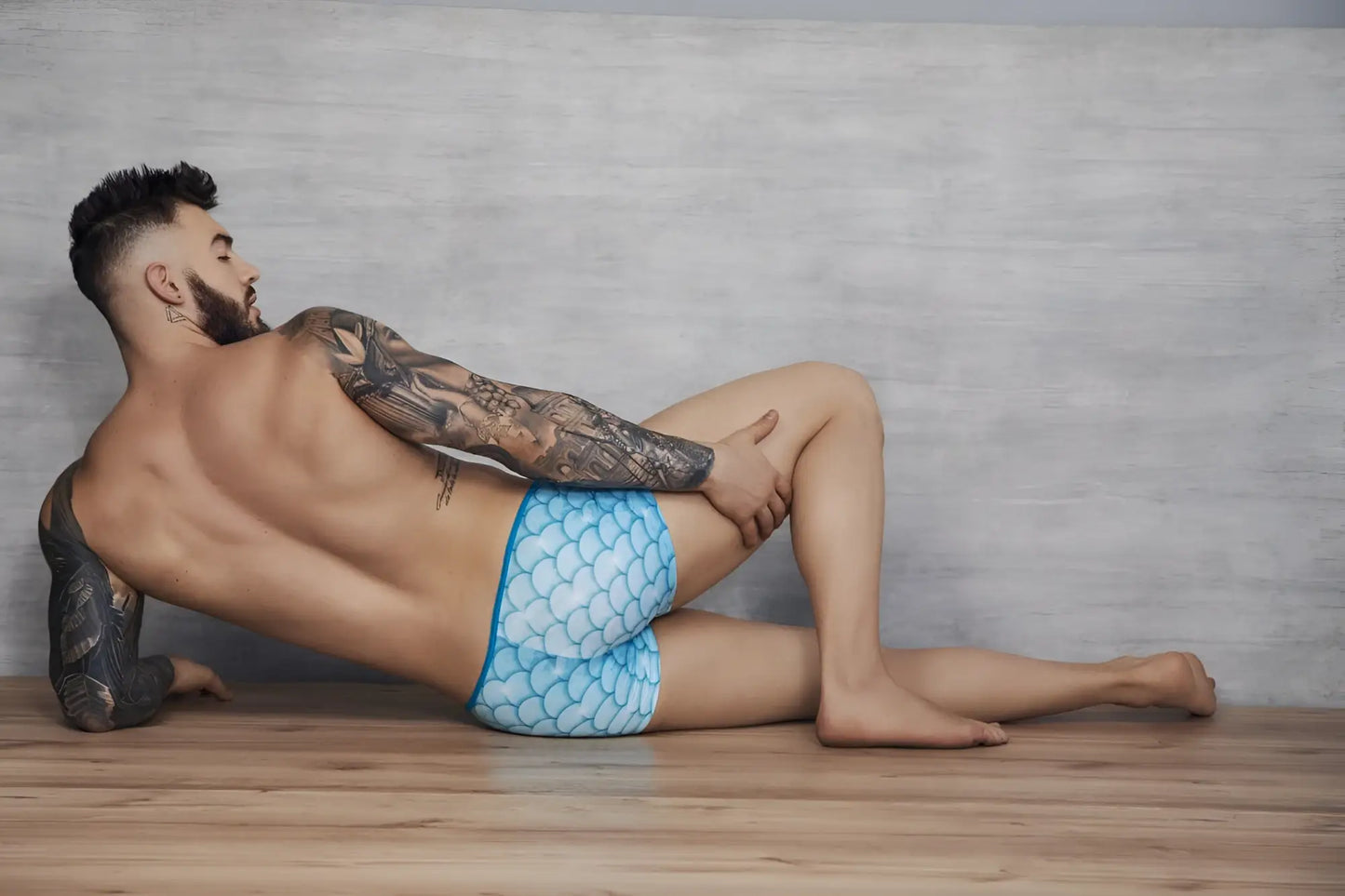 Light blue mermaid scale patterned swim trunks by Pikante PIK 1268 Roskilde in a breathable fabric for swimming
