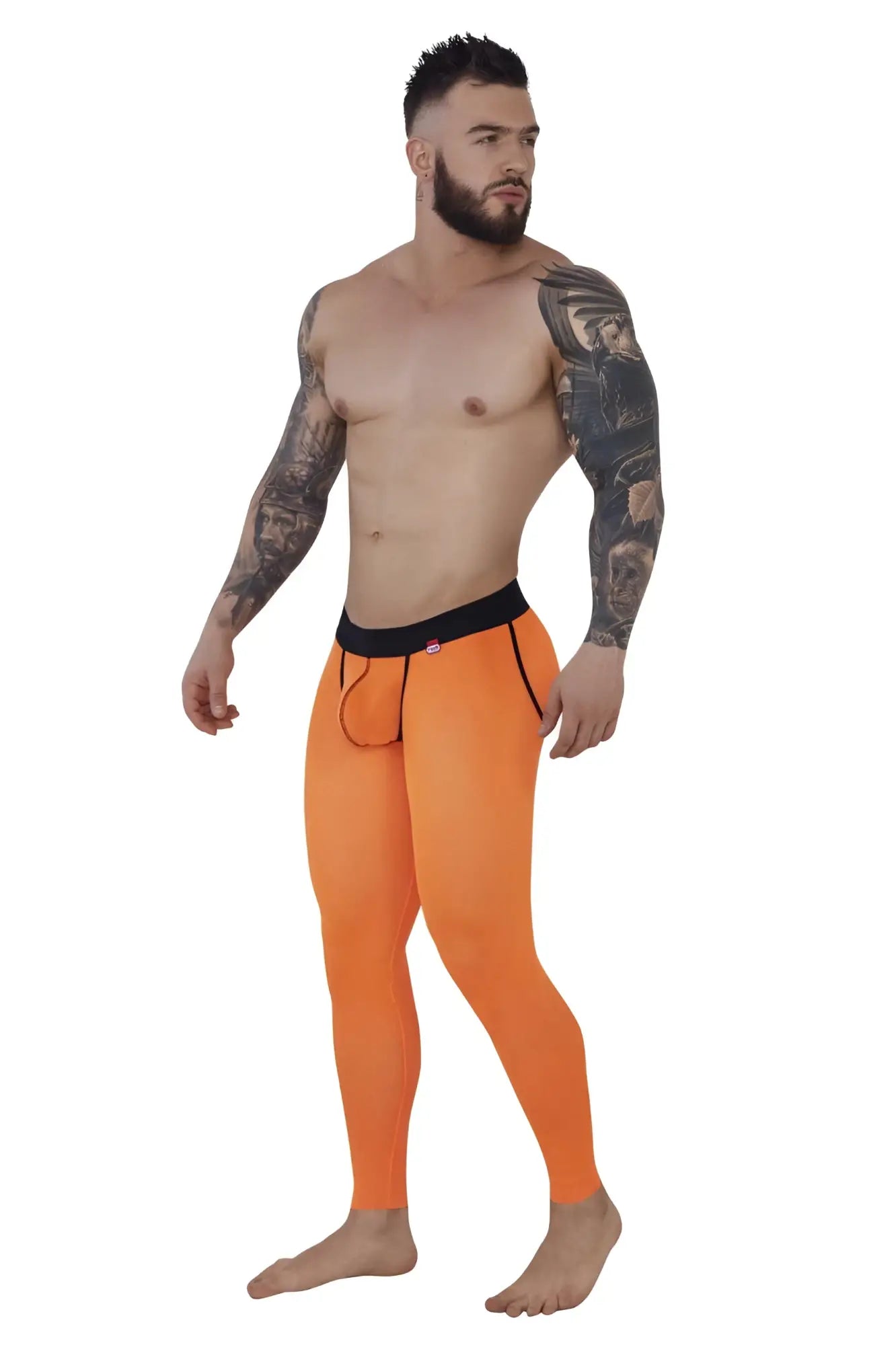 Bright orange Pikante PIK 1271 Sonar athletic leggings with black waistband and front pouch detail for activewear