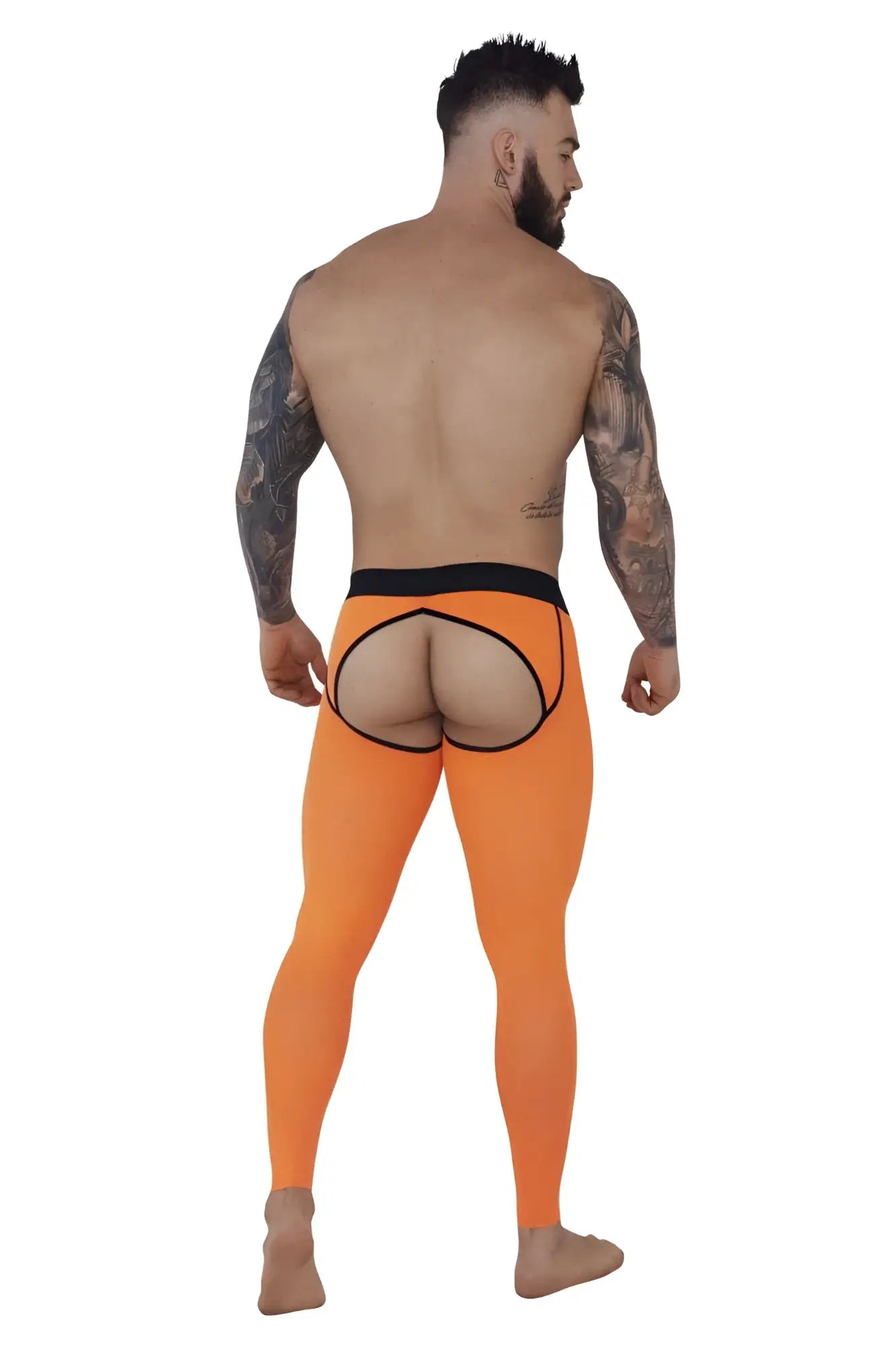 Bright orange pikante PIK 1271 sonar athletic leggings with a black waistband and open-back cutout shown from the back