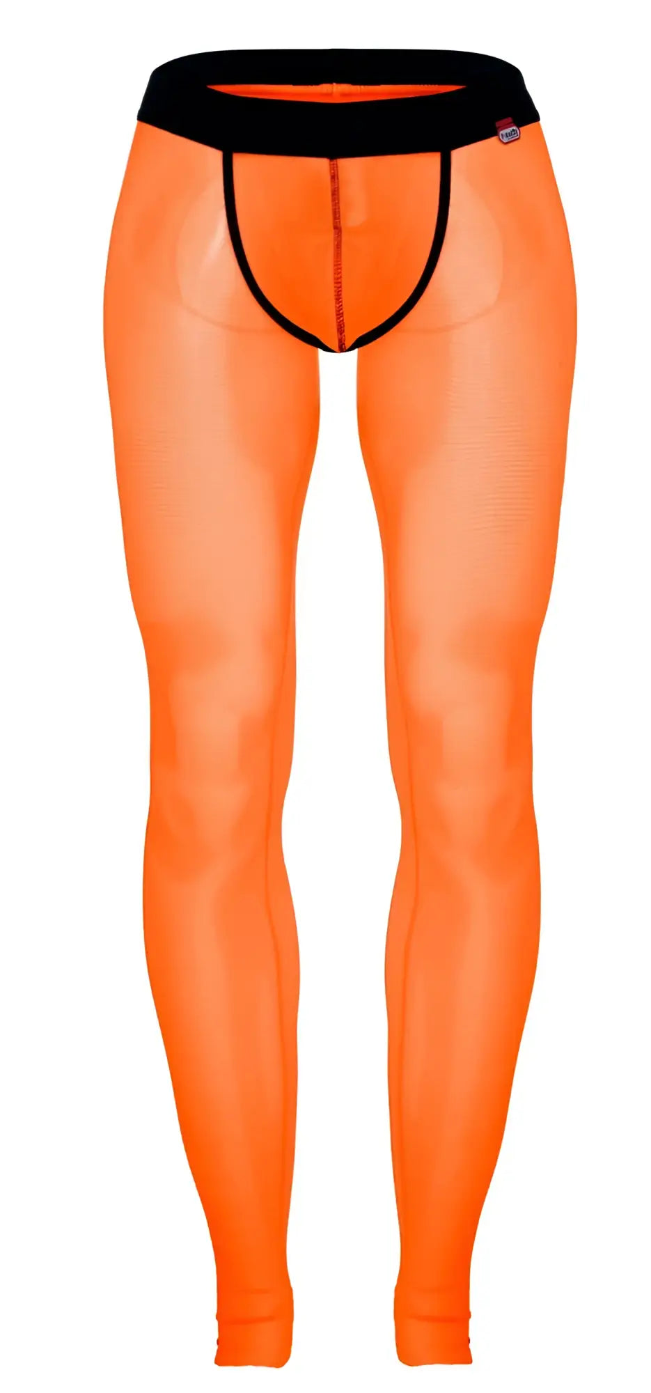 Bright orange sheer Pikante PIK 1271 Sonar athletic leggings with black elastic waistband and matching trim