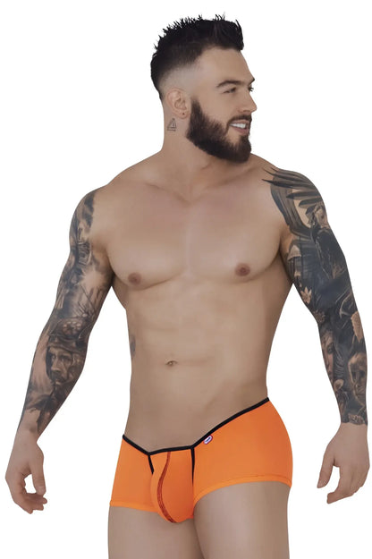 Bright orange pikante pik 1273 sonar trunks briefs with black trim and central zipper detail for men