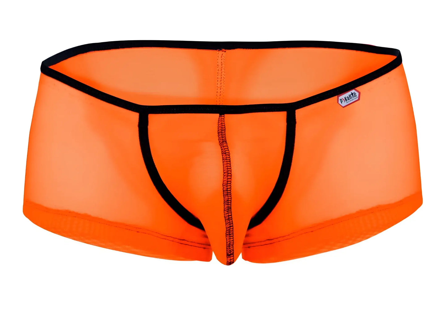 Bright orange pikante pik 1273 sonar trunks mesh briefs with black trim and brand tag on the waistband
