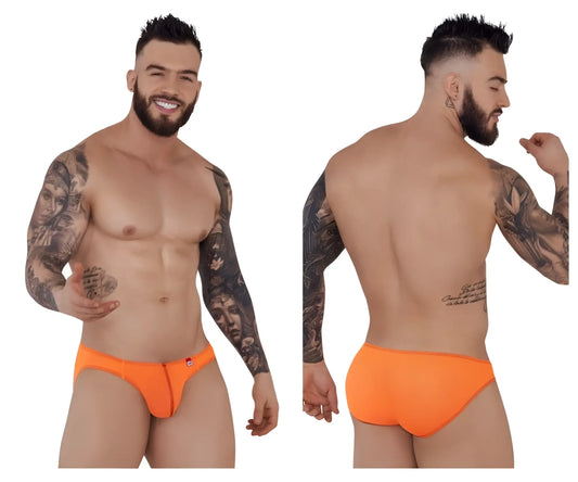 Bright orange Pikante PIK 1277 Sonar briefs for men with central front zipper and red logo on left hip