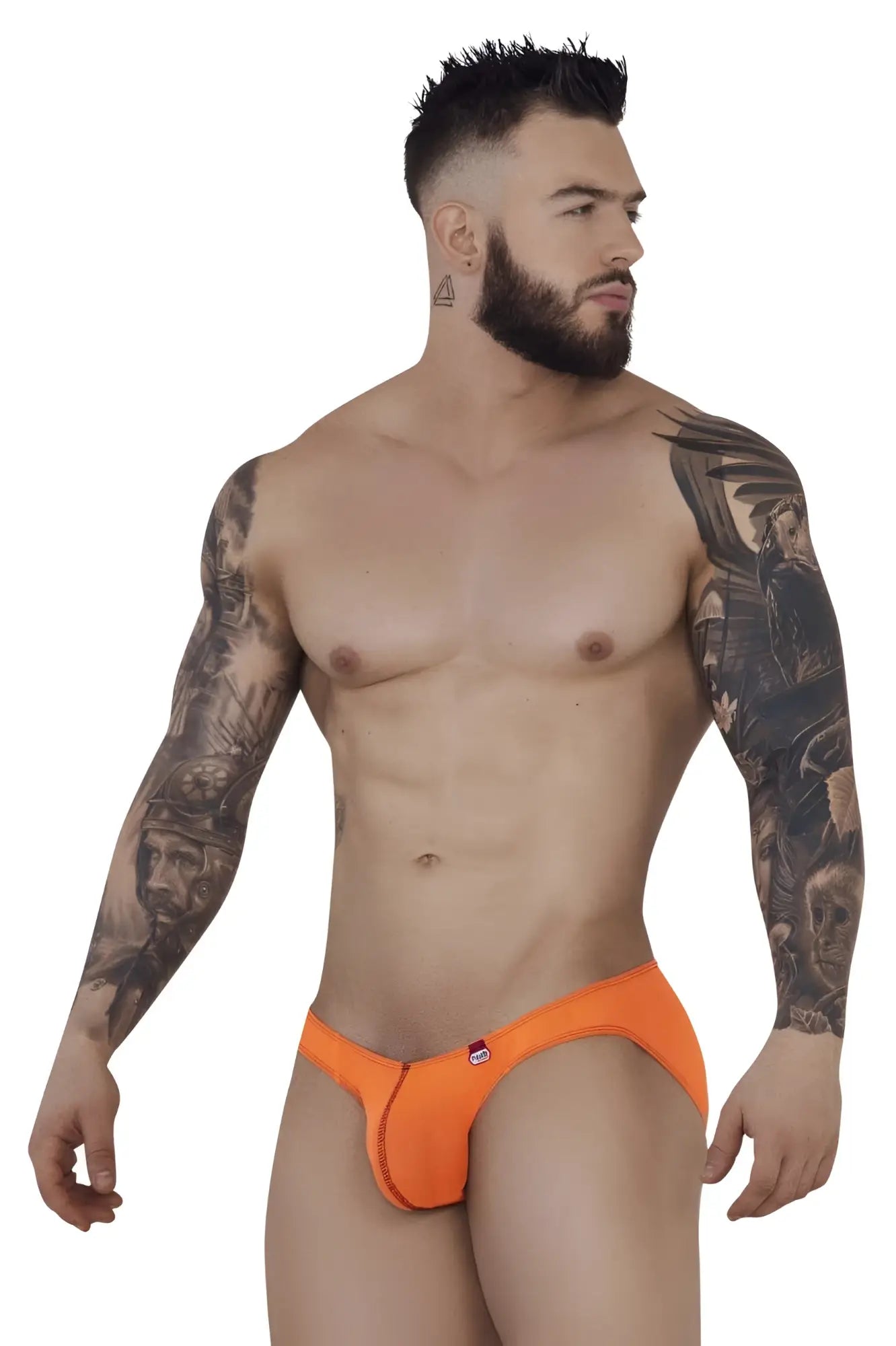 Bright orange pikante pik 1277 sonar briefs with a form-fitting design and small red logo on the front