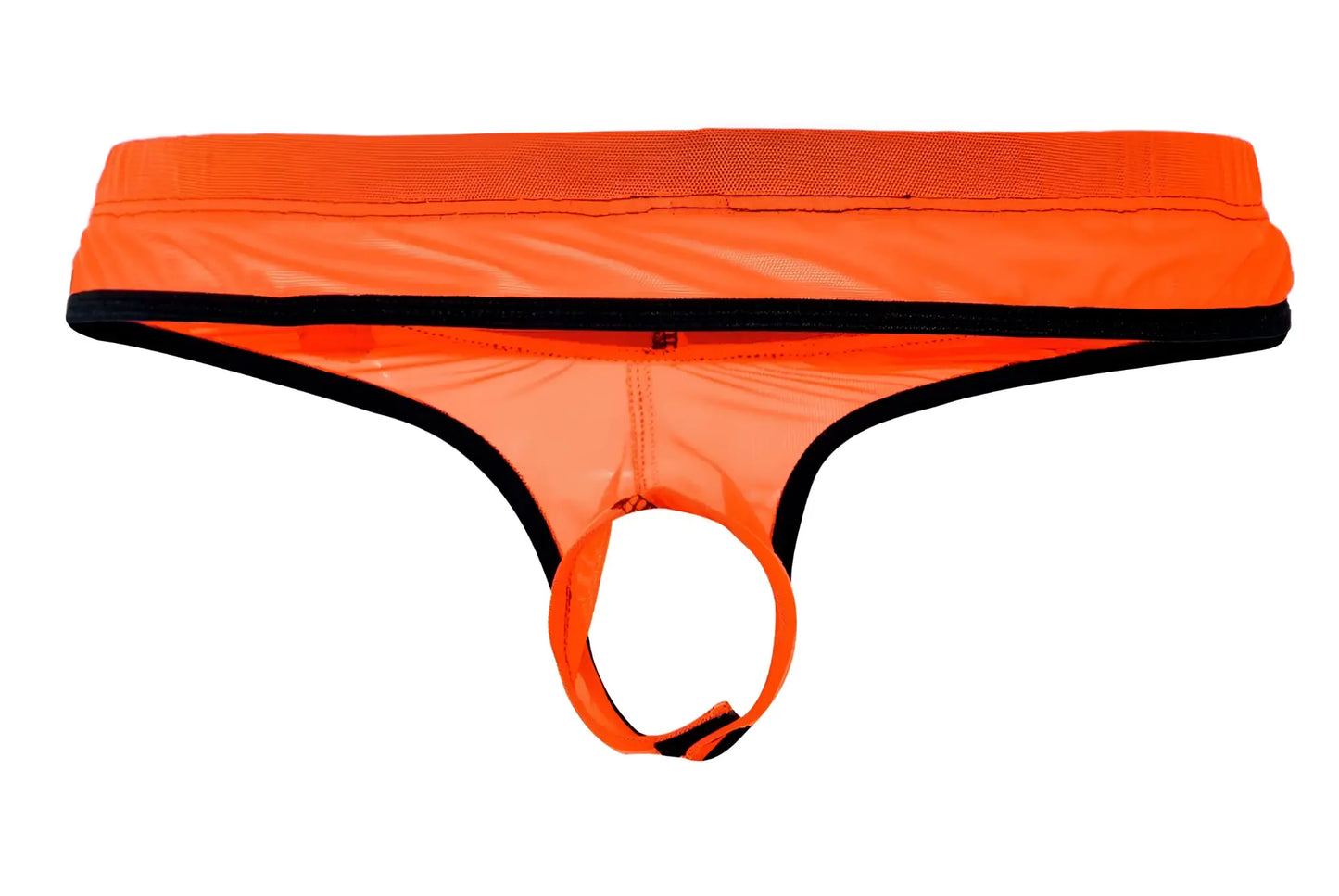 Bright orange Pikante PIK 1278 Sonar ball lifter men’s thong with black trim and circular front ring