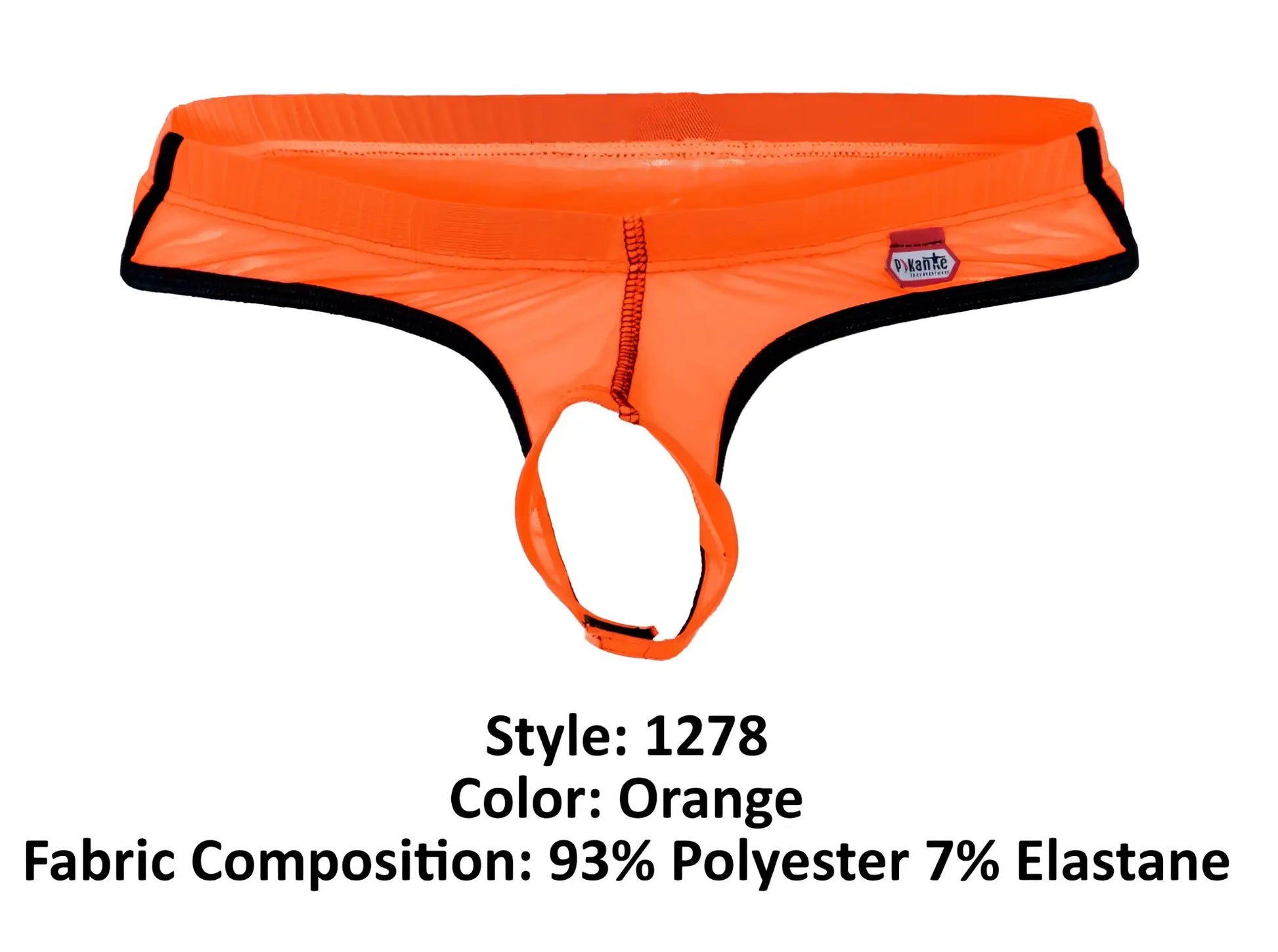 Bright orange high-waisted thong with black trim and zipper made from polyester and elastane by Pikante PIK 1278 Sonar Ball Lifter