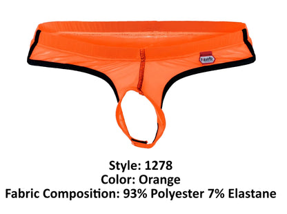 Bright orange high-waisted thong with black trim and zipper made from polyester and elastane by Pikante PIK 1278 Sonar Ball Lifter