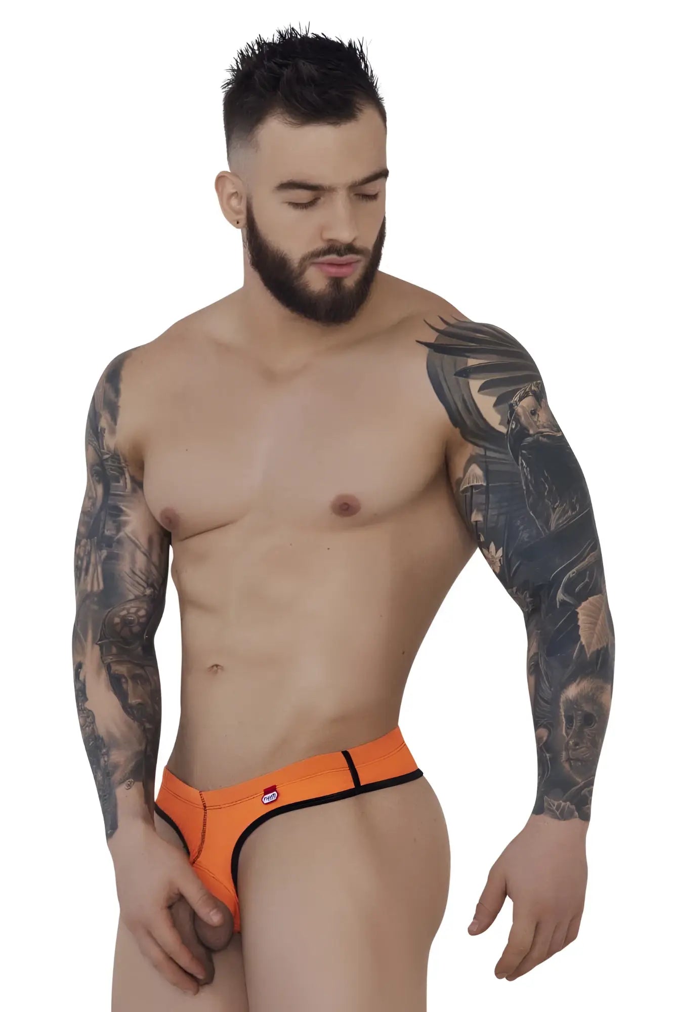 Bright orange pikante pIK 1278 sonar ball lifter men’s briefs with black trim and red logo on waistband
