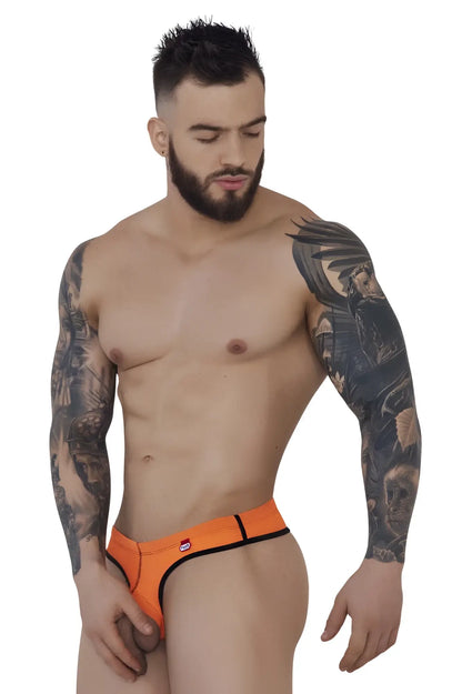 Bright orange pikante pIK 1278 sonar ball lifter men’s briefs with black trim and red logo on waistband