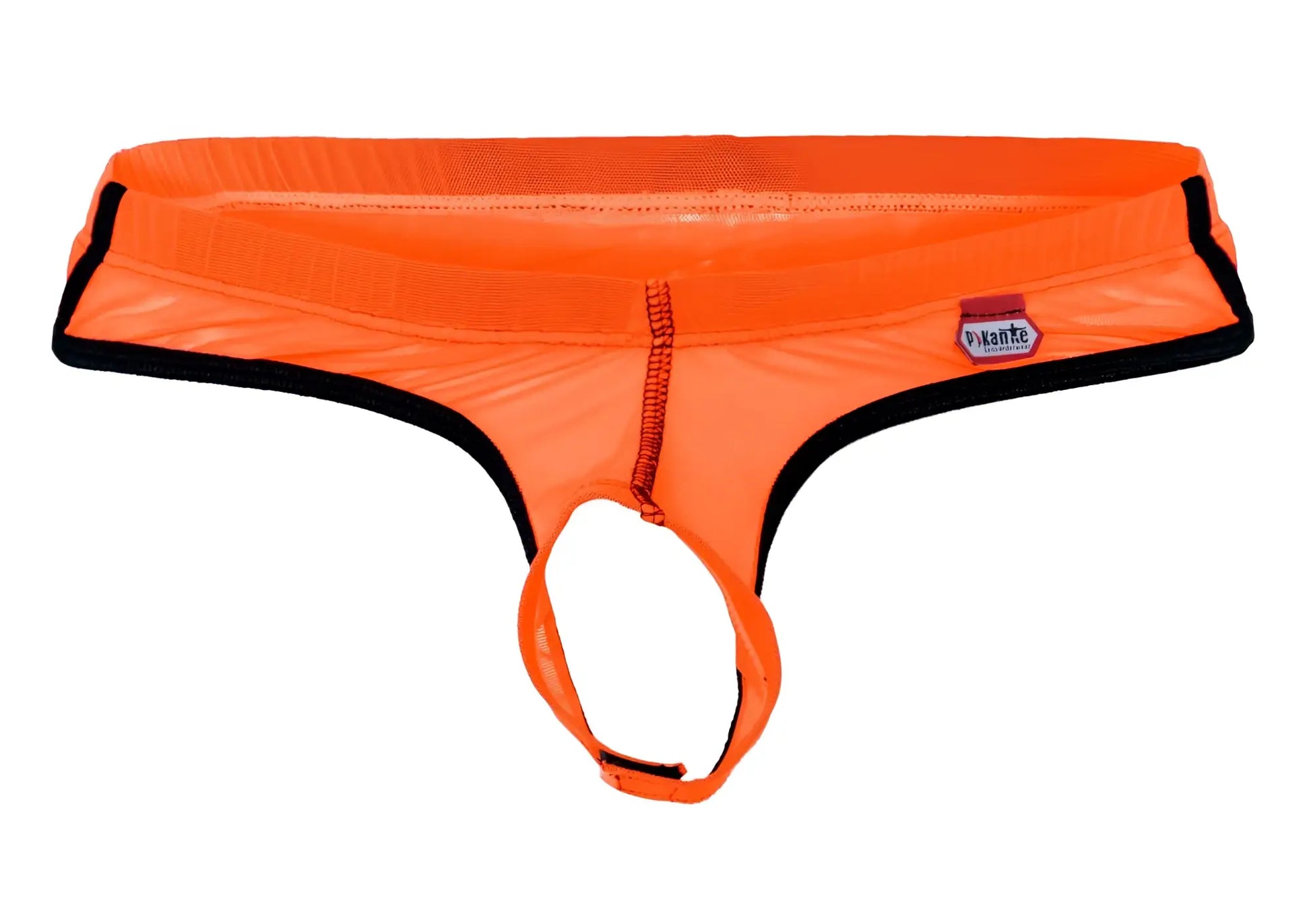 Bright orange mesh thong with black trim and red zipper pull in Pikante PIK 1278 Sonar ball lifter design