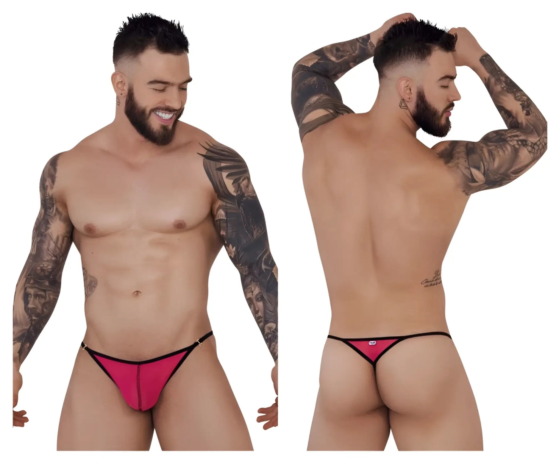 Bright pink Pikante Sonar thong with black trim and small logo on back side in fuchsia color