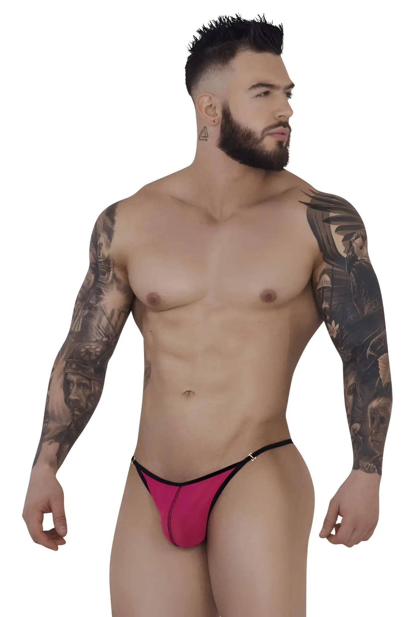 Bright pink fuchsia Pikante PIK 1279 Sonar thong with black trim and gold tone clasp front view
