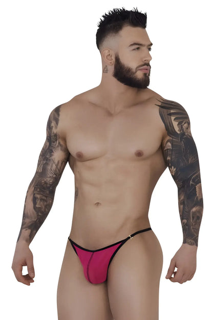 Bright pink fuchsia Pikante PIK 1279 Sonar thong with black trim and gold tone clasp front view