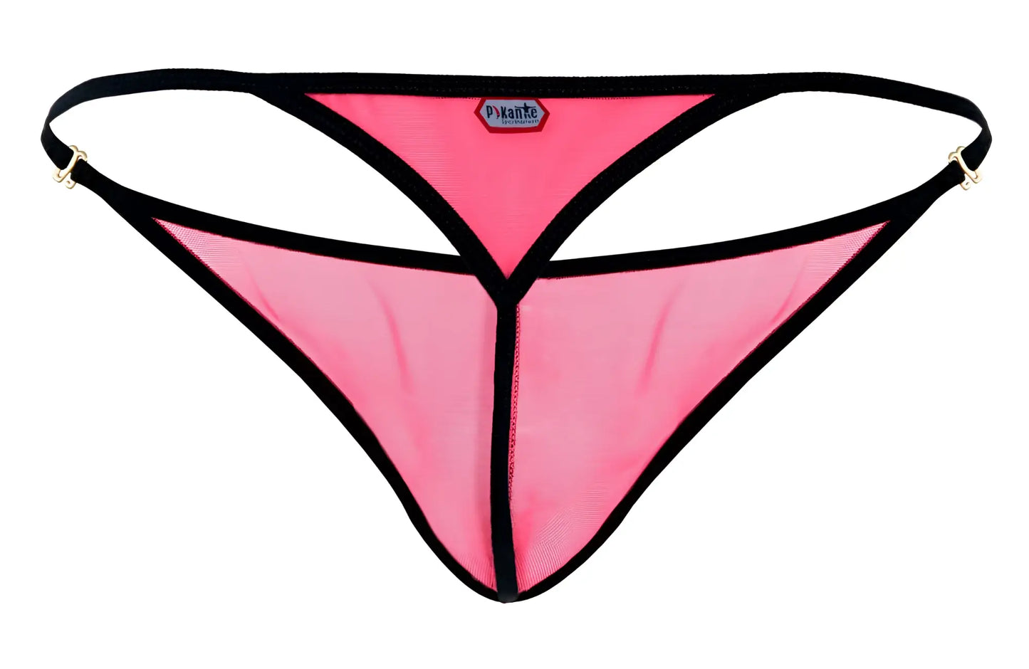 Pink mesh thong with black trim and metallic clasps from pikante pik 1279 sonar thongs in fuchsia color