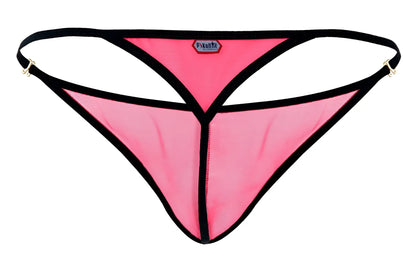 Pink mesh thong with black trim and metallic clasps from pikante pik 1279 sonar thongs in fuchsia color