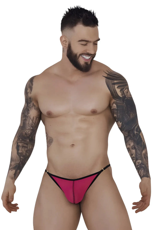 Vibrant pink pikante PIK 1279 sonar thong with black trim and metallic hardware shown from the back side