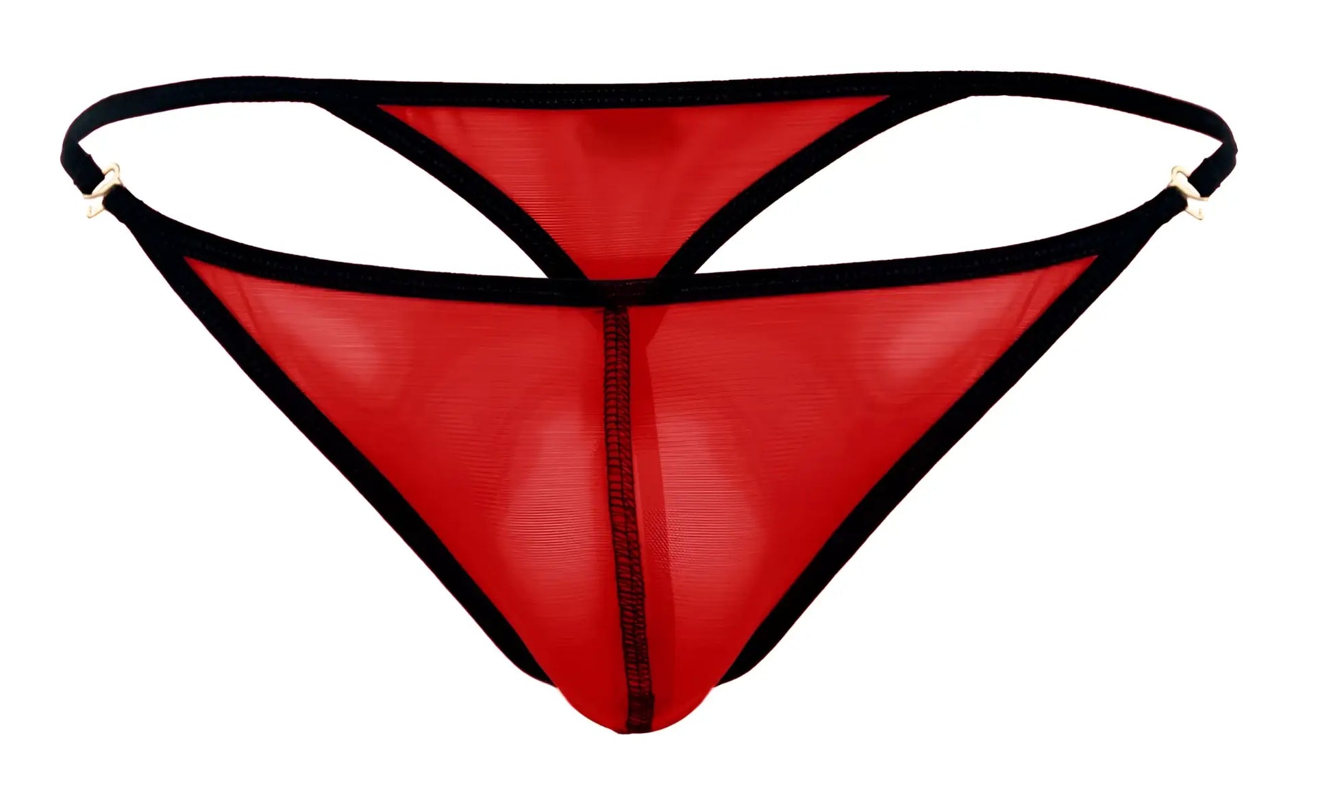 Red sheer mesh thong with black trim and metallic clasps from pikante PIK 1279 sonar thongs in red
