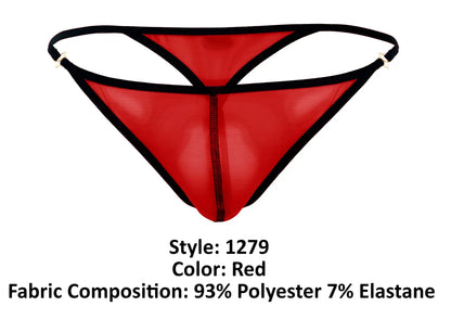 Pikante pik 1279 sonar thongs red sheer mesh thong with black trim and central front seam