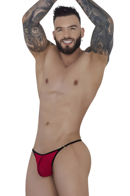 Red pikante sonar thong with black trim featuring a sleek red fabric front for stylish intimate wear