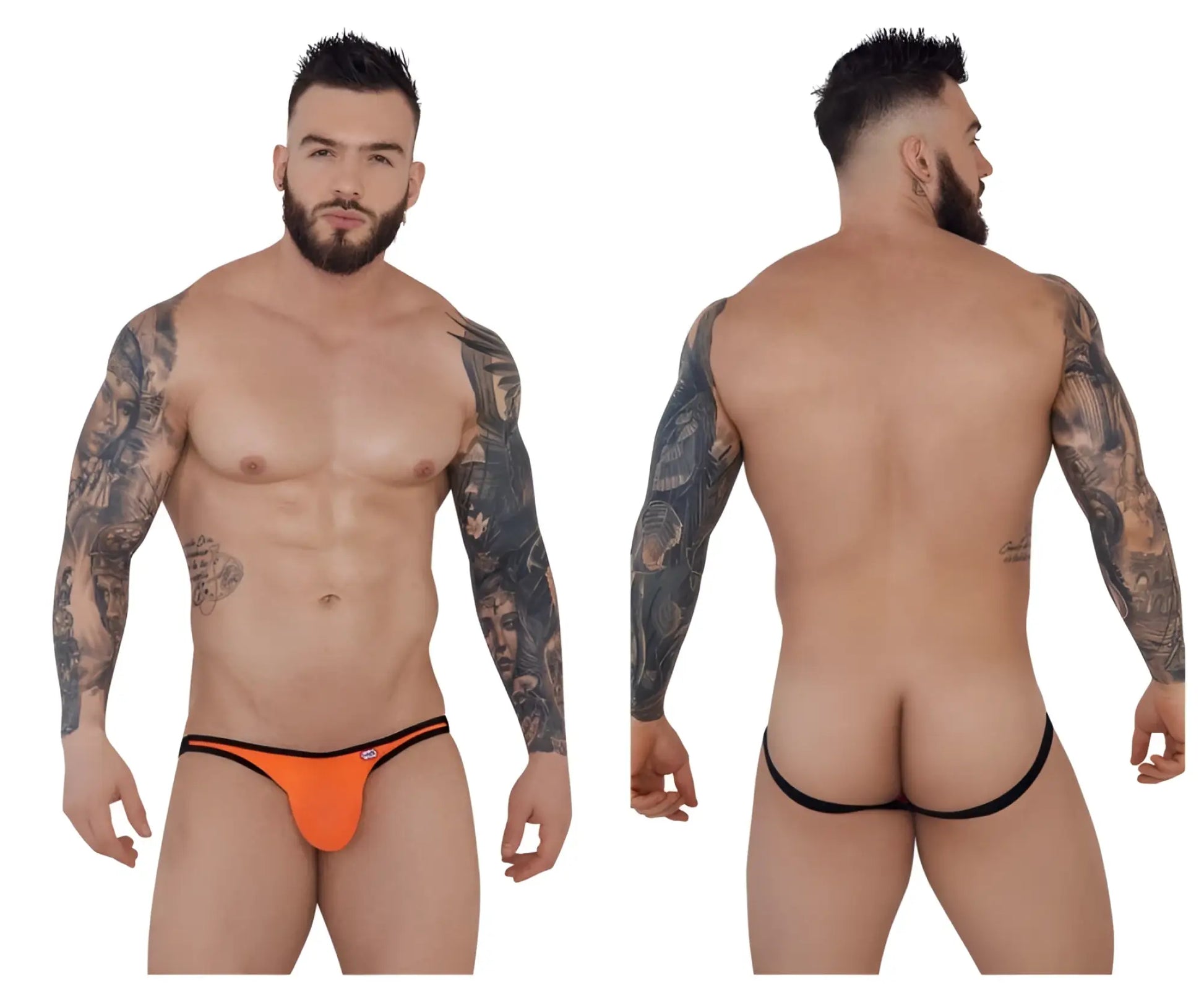 Orange and black pikante PIK 1280 sonar jockstrap with low-rise thong design shown from the back side