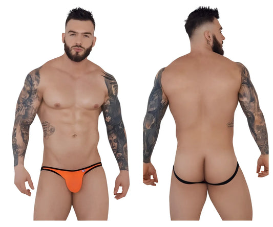 Orange and black pikante PIK 1280 sonar jockstrap with low-rise thong design shown from the back side