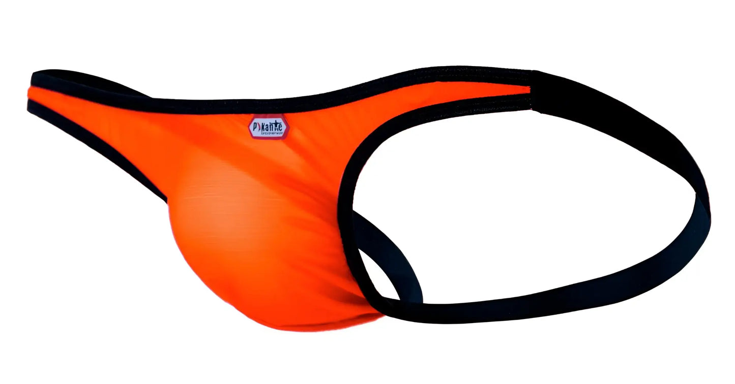 Bright orange men’s thong with black trim and pikante label from pikante PIK 1280 sonar jockstrap collection