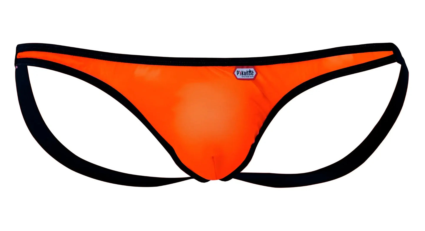 Bright orange mesh thong with black trim and blue pitale tag from pikante pik 1280 sonar jockstrap collection