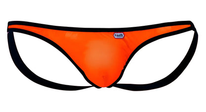 Bright orange mesh thong with black trim and blue pitale tag from pikante pik 1280 sonar jockstrap collection