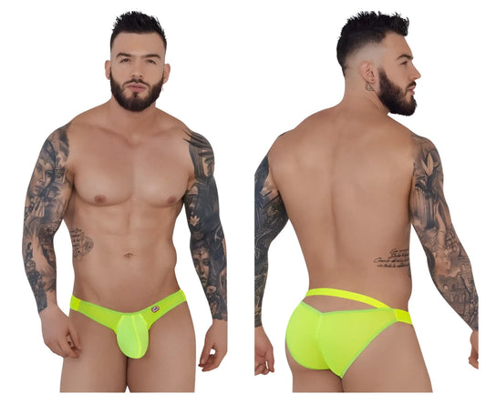 Bright neon green form-fitting men’s underwear with a distinctive cutout design pikante pik 1283 bestival bikini color green