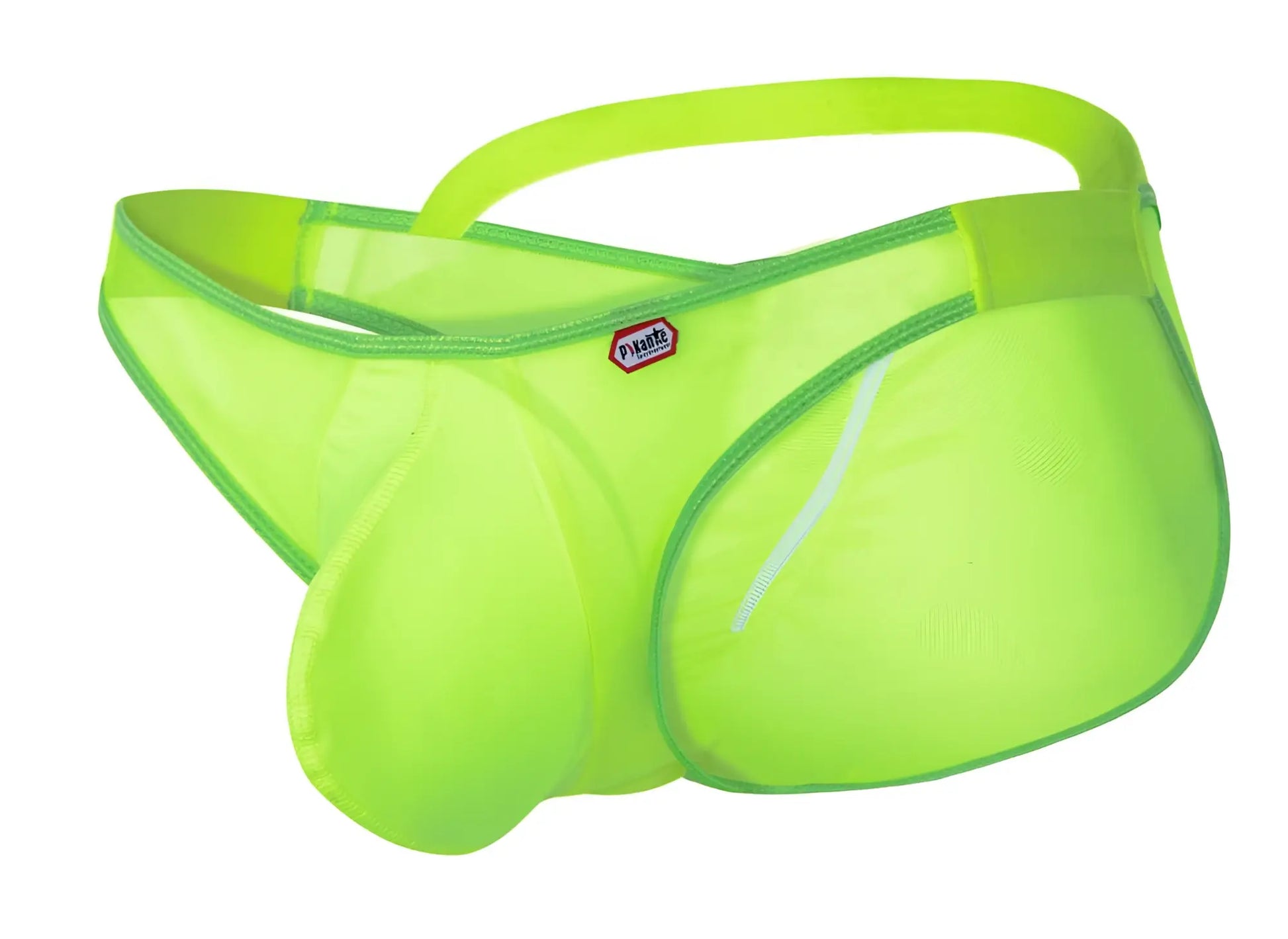 Bright neon green mesh brief with supportive contoured design and small red logo on waistband pikante bestival bikini