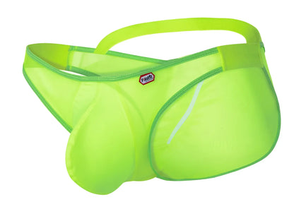 Bright neon green mesh brief with supportive contoured design and small red logo on waistband pikante bestival bikini