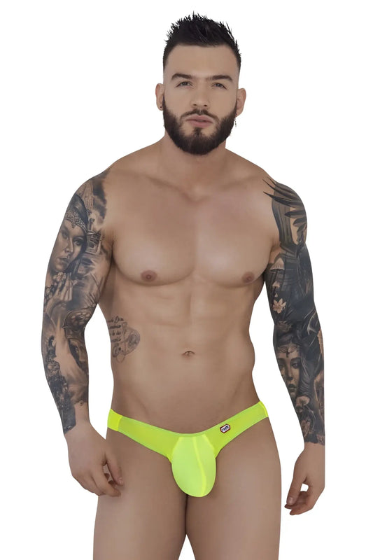 Bright neon yellow form-fitting thong from pikante pik 1283 bestival bikini with smooth stretchy fabric and side logo