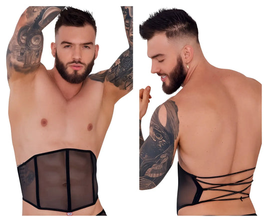Black sheer mesh waist cincher with black elastic straps and lace-up back by pikante pik 1288 mutek corset