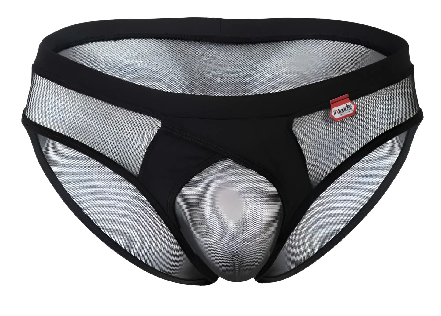 Black and gray mesh briefs with solid black waistband and pikante brand label in the pikante PIK 1289 itadaki briefs color black