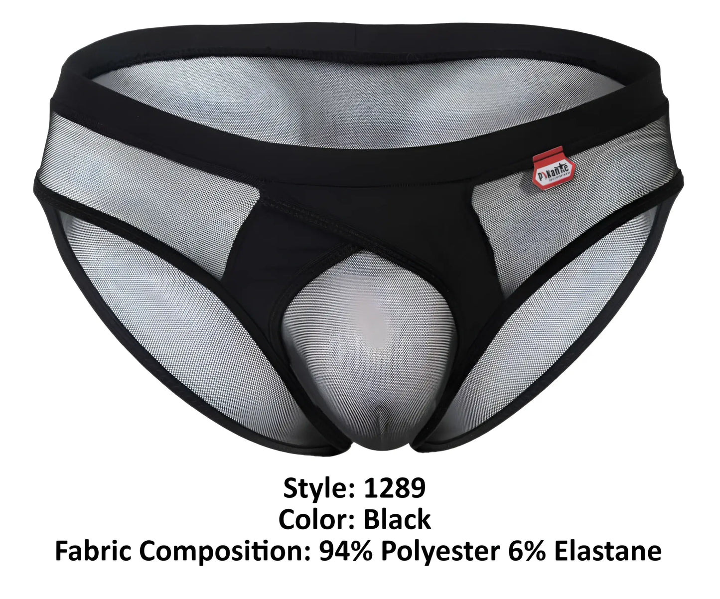 Black mesh pikante pik 1289 itadaki briefs with solid waistband and central panel featuring red brand tag