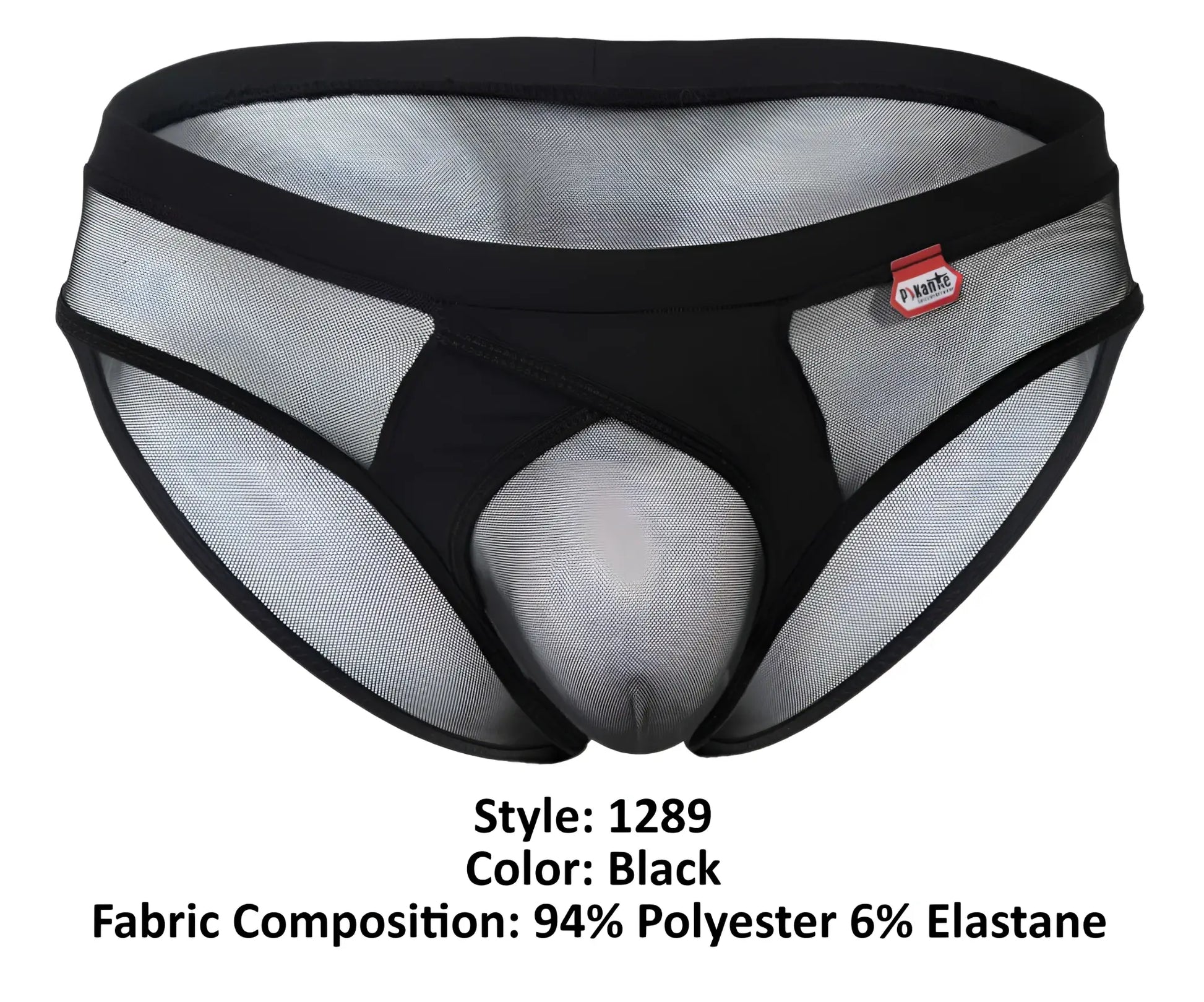 Black mesh pikante pik 1289 itadaki briefs with solid waistband and central panel featuring red brand tag