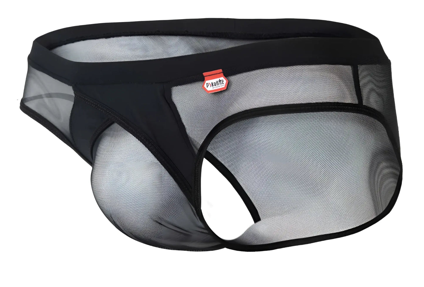 Black mesh Pikante PIK 1289 Itadaki briefs with solid waistband and trim featuring Pikante logo on the side