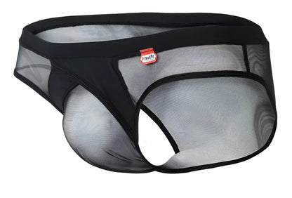 Black mesh Pikante PIK 1289 Itadaki briefs with solid waistband and trim featuring Pikante logo on the side