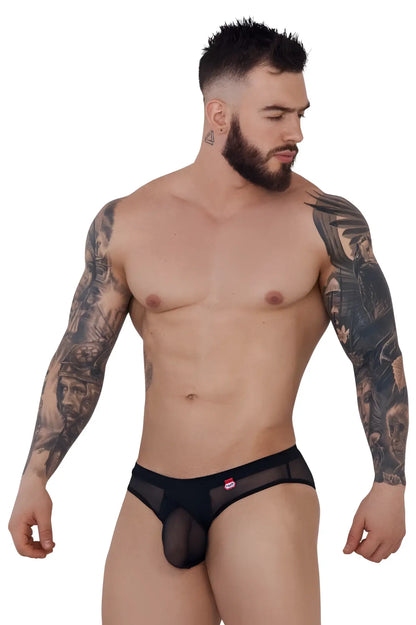 Pikante pik 1289 itadaki briefs black sheer mesh with solid front panel and small red logo on waistband