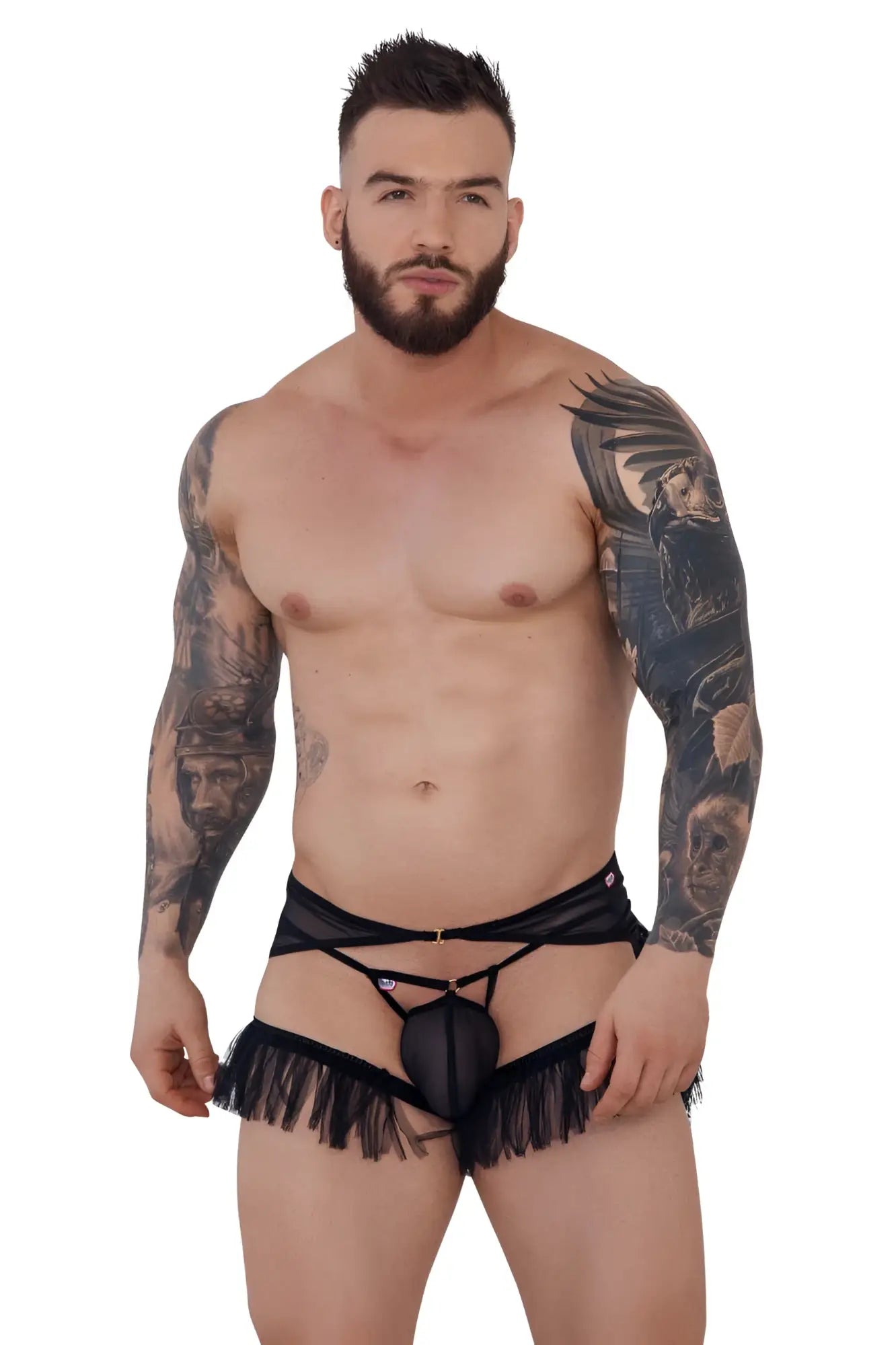 Black lace thong with fringe detailing shown from the back in pikante pik 1294 greenman jockstrap color black