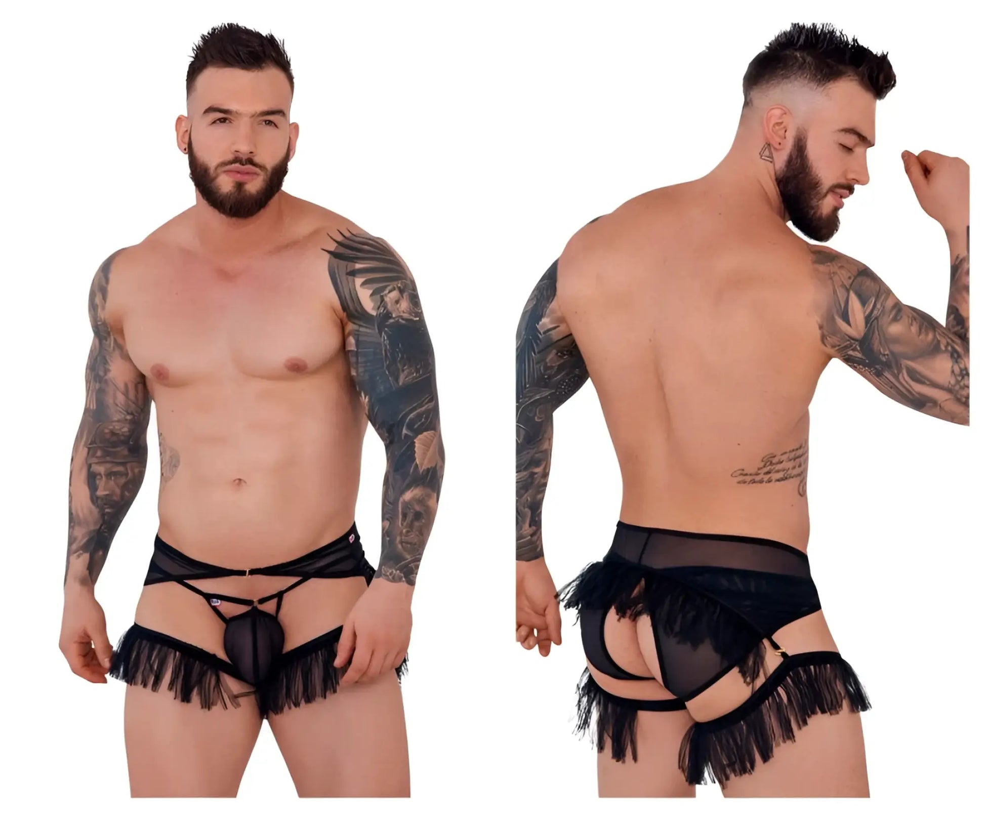 Black lace-trimmed fringed mens lingerie briefs with sheer mesh front and adjustable straps pikante PIK 1294 black